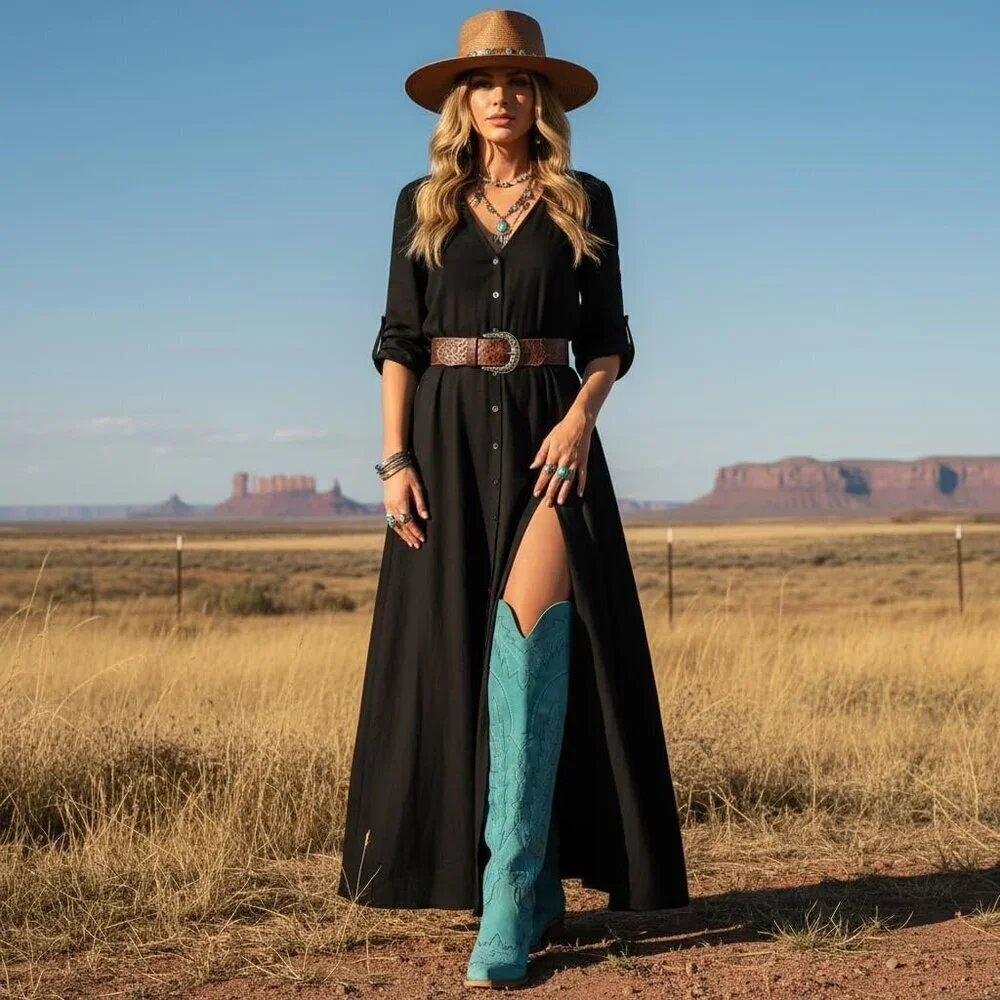 Women Turquoise Polyurethane Over the Knee Adjustable Thigh High Cowgirl Boot